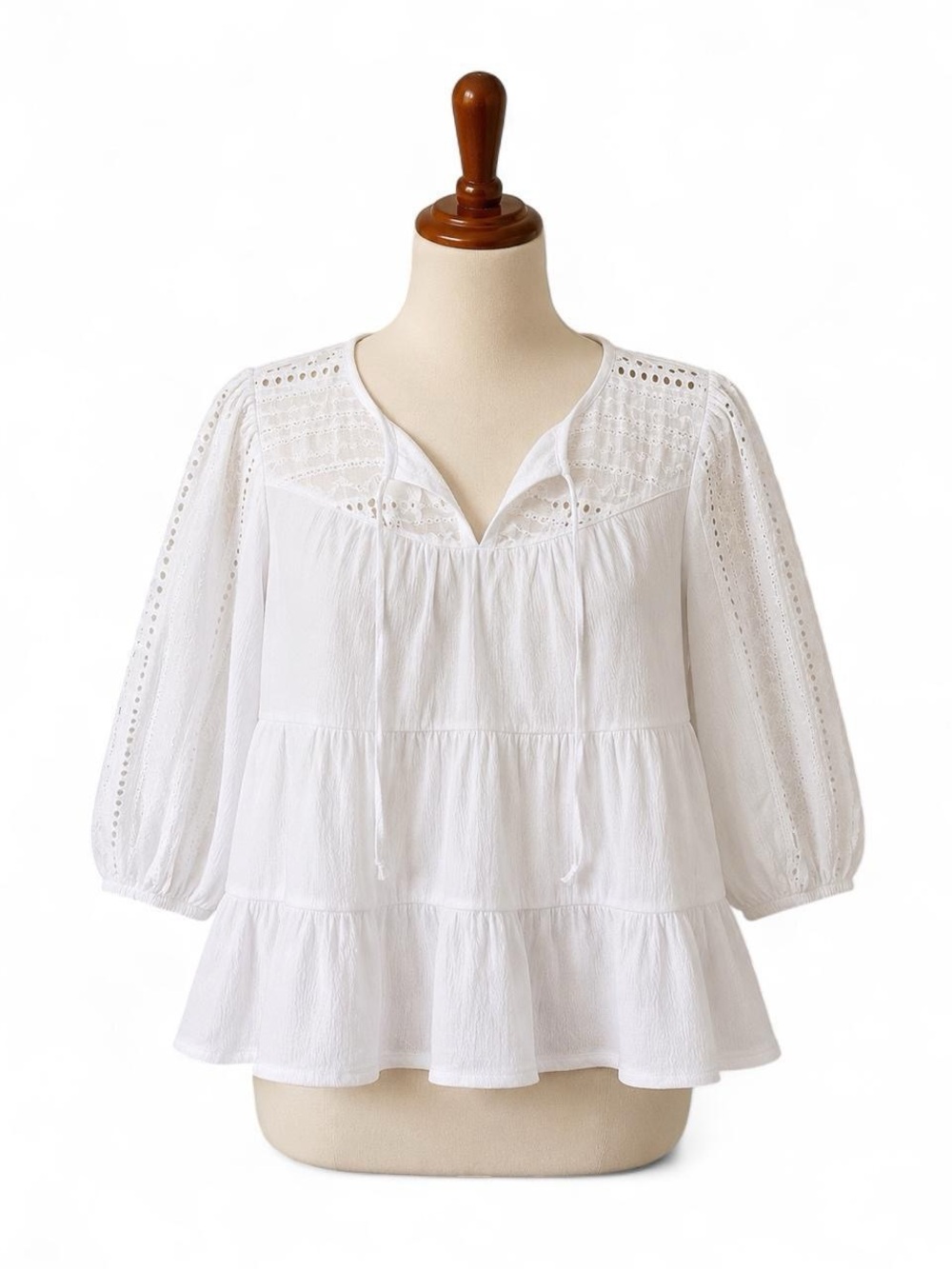 Women's White Eyelet Tiered Peasant Blouse